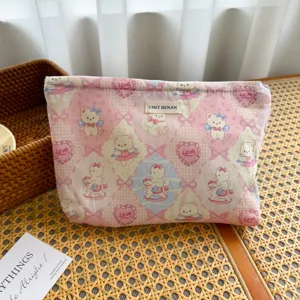 Cute pastoral style pink bear pattern canvas cosmetic bag for travel and daily use.