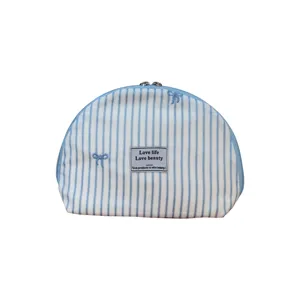 Blue striped embroidered bow cosmetic bag portable fabric makeup pouch shell bag daily use