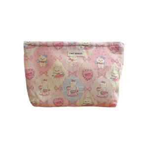 Pink cute rabbit cosmetic bag pastoral style storage pouch for travel and daily use makeup
