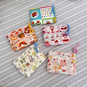 Cute Cartoon Canvas Coin Purse Portable Cosmetic Bag Multi-functional Storage Pouch Cute Animal Fruit Print Makeup Bag For Women