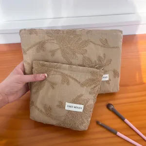 Literary Cotton Linen Embroidered Floral Cosmetic Bag Women Portable Large Capacity Clutch Vintage Storage Pouch