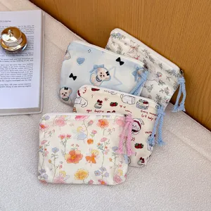 Cute canvas zipper cosmetic pouch mini portable makeup bag cute cartoon floral storage bag