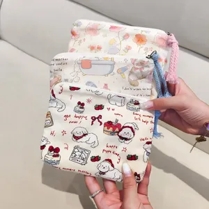 Cute canvas zipper makeup bag, portable mini coin purse with adorable puppy and cat prints.