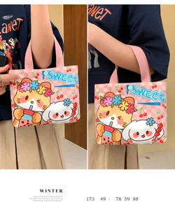 Cute pink checkered canvas handbag for women aesthetic boba cat print mini tote bag