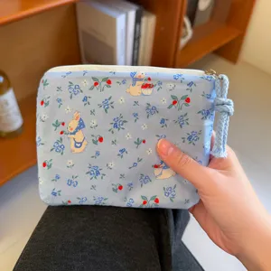 Cute blue rabbit strawberry print canvas zipper coin purse portable mini makeup storage pouch