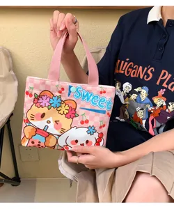 Korean cute mini canvas tote bag for women, sweet pink plaid boba cat design handbag shopping.