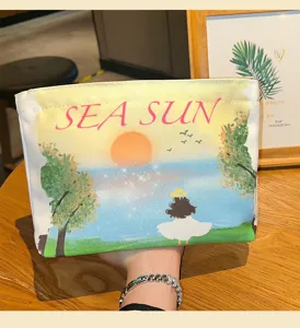 Pochette cosmetique en toile avec graphique de plage au coucher de soleil, trousse voyage zip.