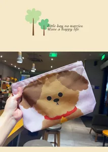 Pochette de maquillage en toile avec motif de chien mignon et fermeture eclair pour voyage.