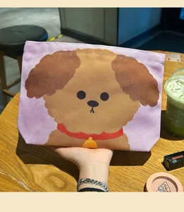 Jolie trousse de maquillage en toile chien mignon, grand sac cosmétique zippé voyage.