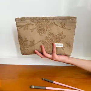 Cotton linen floral embroidered cosmetic bag vintage portable makeup storage pouch for women