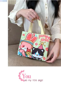 Cute canvas tote bag with cartoon rabbit cat print, small handbag for daily use and storage.