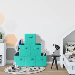 Foldable fabric storage box, teal square storage bin with handle for closet and home.
