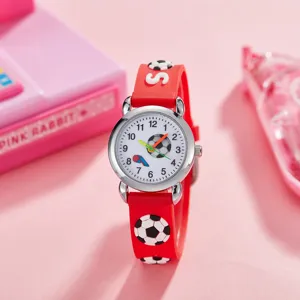 Children cute soccer quartz watch with red silicone strap, analog dial and sporty design for kids.