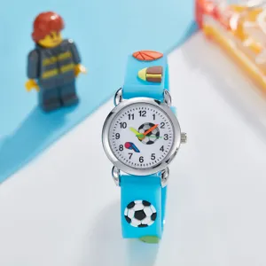 Kids cartoon sports watch with blue silicone strap and fun soccer dial design for boys.