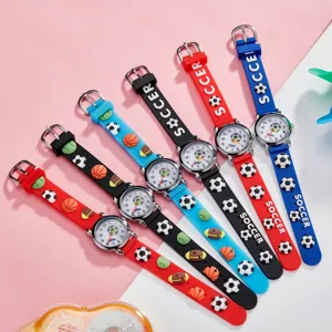 Kids sports silicone quartz watch with cute soccer and basketball patterns for boys and girls.
