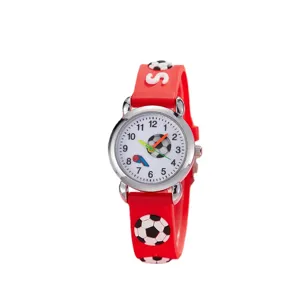 Kids red silicone watch with cute soccer ball pattern dial and playful strap design for boys.