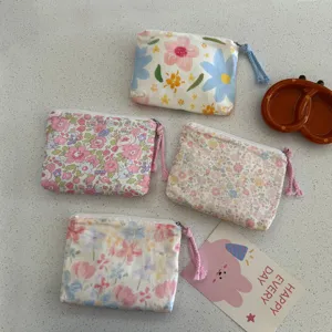 Floral print mini coin purse cute fabric zipper storage pouch for women daily use