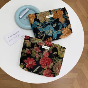 Vintage floral jacquard cosmetic bag travel zipper pouch elegant makeup organizer trendy