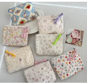 Floral canvas zipper pouch cosmetic bag cute portable travel makeup organizer purse for women
