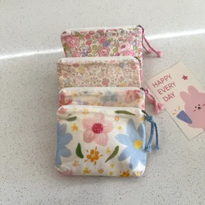 Floral print mini canvas zipper pouch cute portable coin purse makeup lipstick storage bag