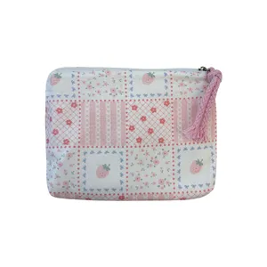 Cute pink strawberry patchwork canvas coin purse and portable cosmetic makeup bag for women girls.