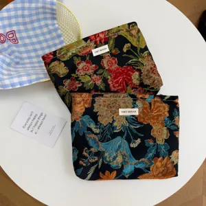 Vintage Floral Jacquard Makeup Bag Women Retro Woven Zipper Clutch Travel Toiletry Pouch Portable Cosmetic Storage