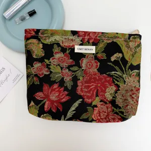 Vintage Floral Jacquard Cosmetic Bag Black Red Brocade Clutch Travel Toiletry Pouch Chic