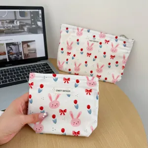 Cute rabbit floral canvas cosmetic bag portable travel makeup storage pouch for women.