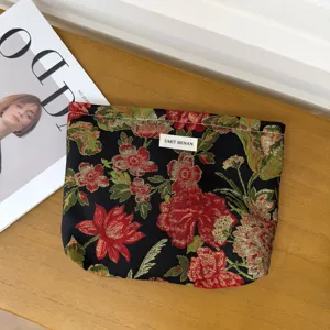 Vintage dark red floral jacquard cosmetic bag portable makeup pouch travel toiletry storage bag