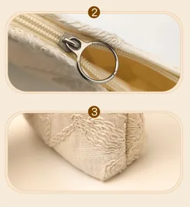 Detailed view of beige cosmetic bag with durable zipper and metal ring pull, stylish.