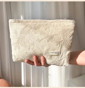 Beige embroidered cosmetic bag portable makeup pouch travel storage bag for women