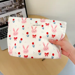 Women Cartoon Rabbit Tulip Print Canvas Makeup Bag Large Capacity Travel Toiletry Organizer Portable Storage Pouch