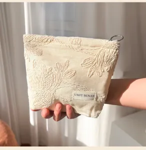 Beige embroidered canvas cosmetic bag portable zipper travel makeup storage pouch for women
