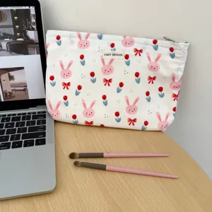 Cute rabbit and tulip print canvas makeup bag for travel, portable large capacity storage pouch.
