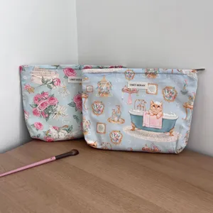 Floral cat print large capacity cosmetic bag for women travel portable makeup storage pouch