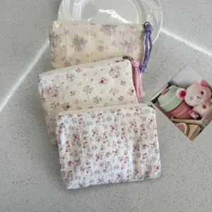 Floral canvas zipper storage bag portable cosmetic makeup bag cute coin purse organizer