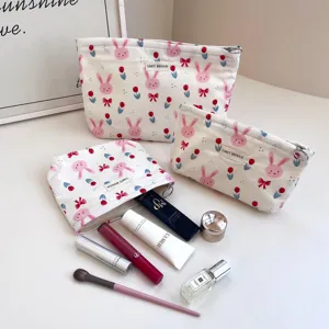 Cute bunny floral canvas cosmetic bag set, large capacity travel storage pouch for women.