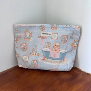 Cute cat floral large capacity cosmetic bag for women travel portable toiletry and makeup storage.