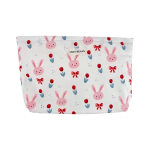 Cute cartoon rabbit and tulip print canvas cosmetic bag for travel storage and daily use.