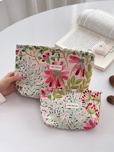 Floral embroidered cosmetic bag set, cute portable makeup pouch for women and travel use.