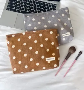 Corduroy polka dot cosmetic bag set, retro makeup storage pouch with zipper and label.