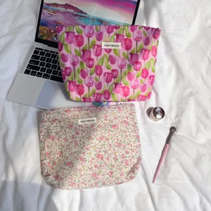 Floral cotton makeup pouch zip cosmetic bag portable toiletry organizer for women daily use