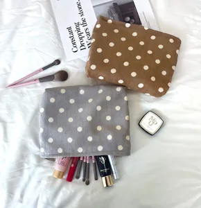 Corduroy polka dot cosmetic bag retro travel makeup pouch cute toiletry organizer bag