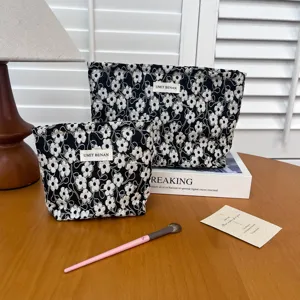 Black 3D floral cosmetic bag set, large capacity portable makeup pouch for travel and daily storage.