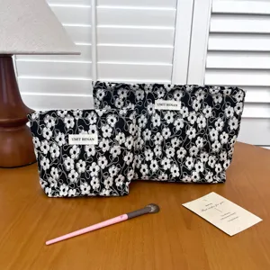Black floral makeup bag set large capacity cosmetic pouch portable toiletry organizer