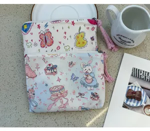 Set di borsette cosmetiche in tela carina con stampa di cartoni animati, organizer con cerniera.