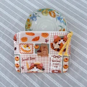Canvas cute cat bakery pattern zipper makeup pouch, portable coin purse and sundries bag.
