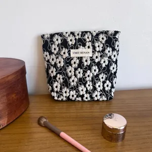 Black 3d floral cosmetic bag large capacity makeup pouch portable toiletry organizer for women