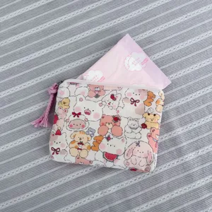 Cute cartoon animal print canvas zipper pouch portable cosmetic storage bag sanitary