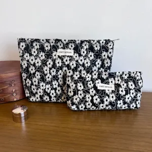 Black and white floral embroidered cosmetic bag set, large and small storage pouches with zipper.